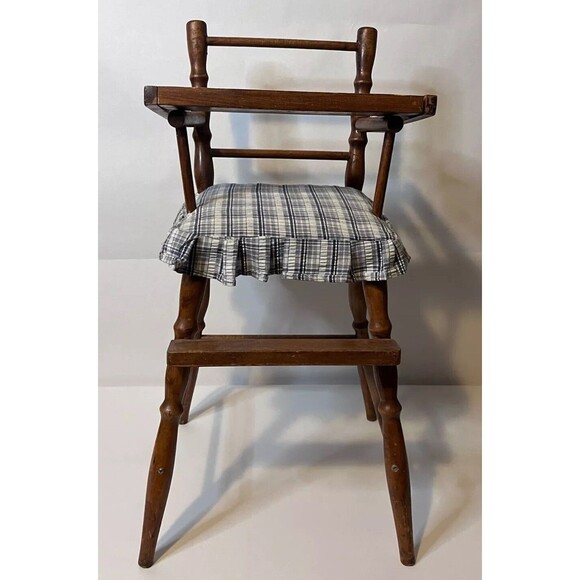 Vintage Wooden Doll High Chair With Plaid Cushion 25” Tall / 12.5” Wide- Large - Picture 1 of 7